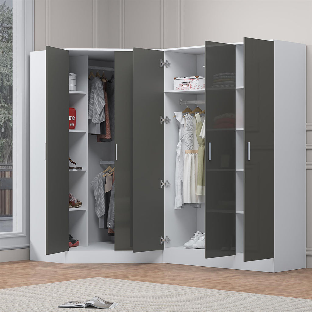 Reflect 2pc Wardrobe Bundle - 2 Door Corner + 3 Door Plain - Grey Gloss & Matt White - H: 180cm x W: 179cm x D: 103cm