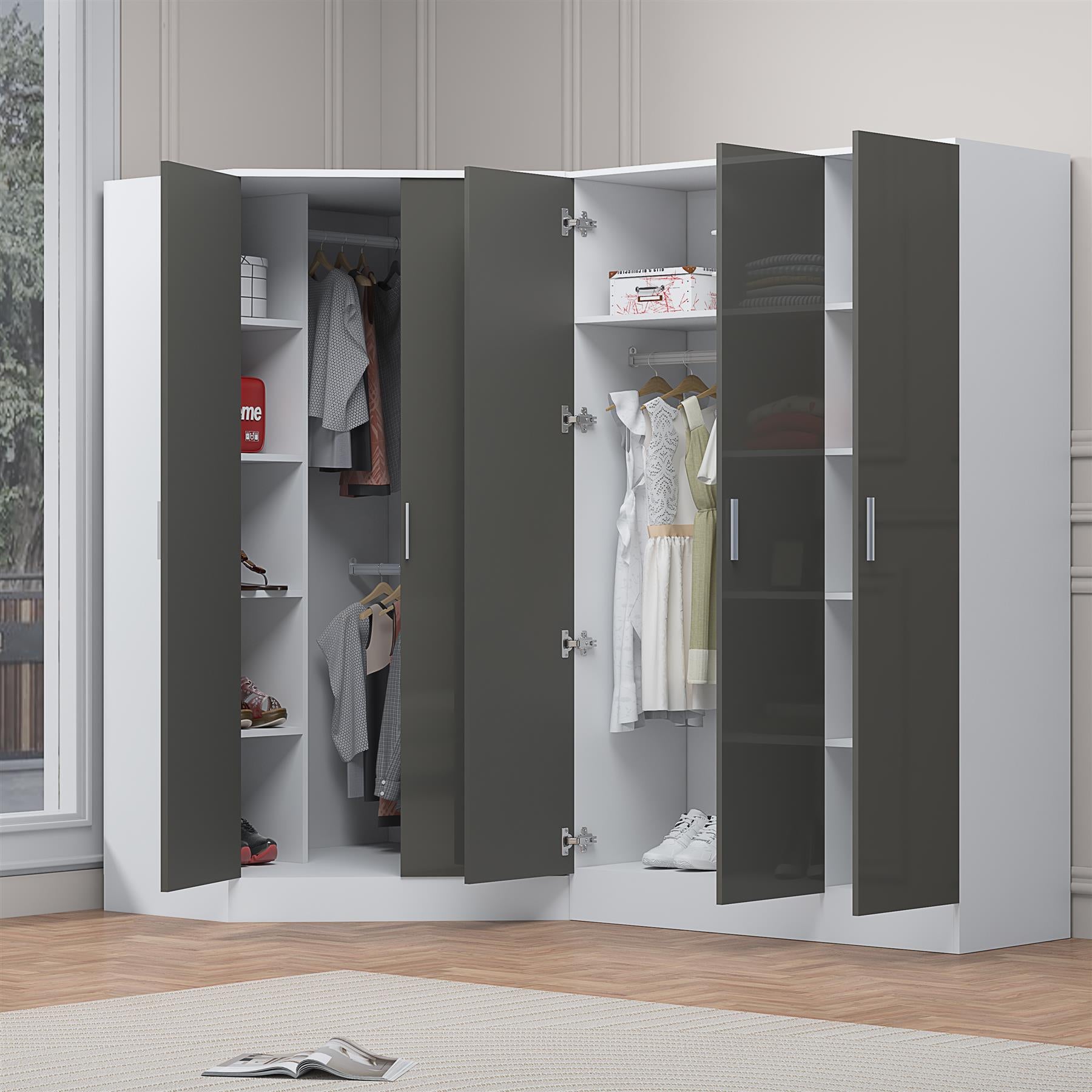 Reflect 2pc Wardrobe Bundle - 2 Door Corner + 3 Door Plain - Grey Gloss & Matt White - H: 180cm x W: 179cm x D: 103cm