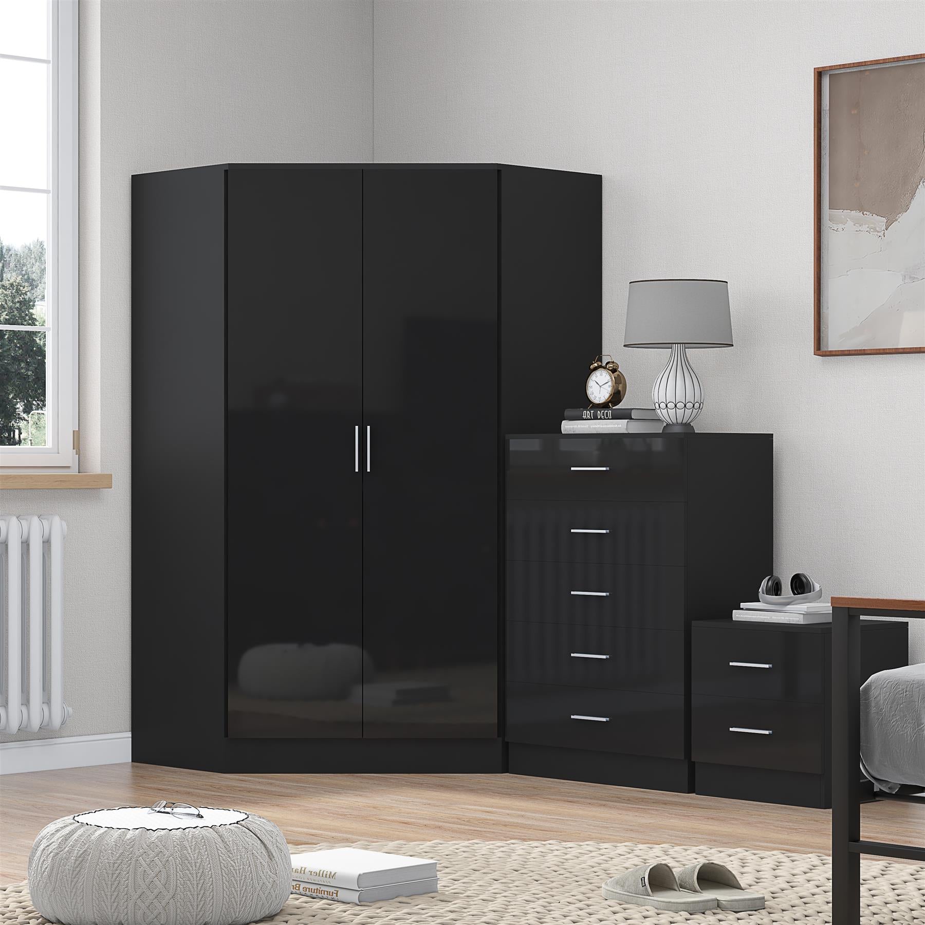 REFLECT Gloss 4pc Set - 2 Door Corner Wardrobe + 5 Draw Chest + Bedside