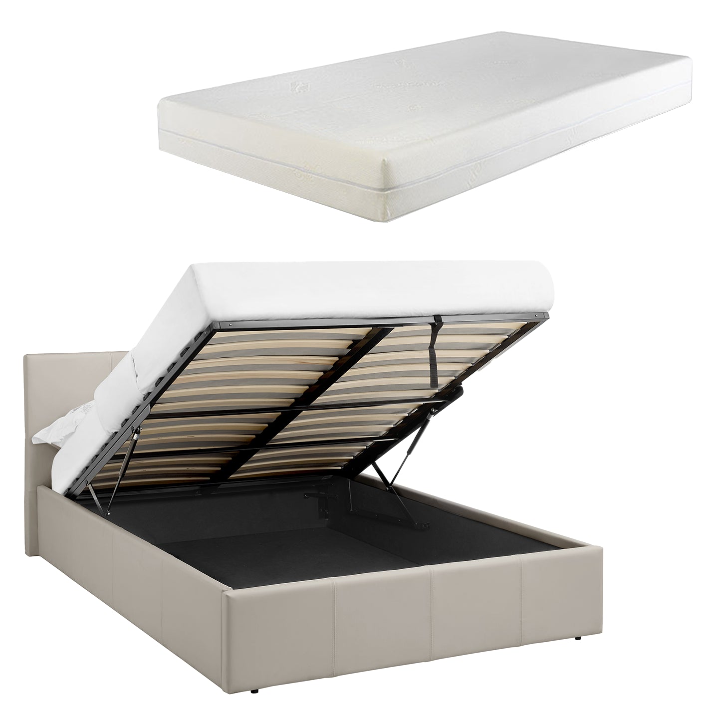 LUNA 4FT Small Double Cream Beige Ottoman Storage Bed Gas Lift & 20cm Thick Memory Foam Mattress - L: 203cm x W: 138cm x H: 88.5cm