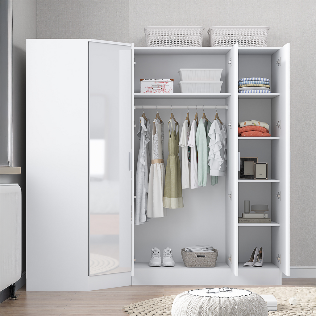 REFLECT - 1 Door Corner + 3 Door Plain Wardrobe in Gloss White / Matt White