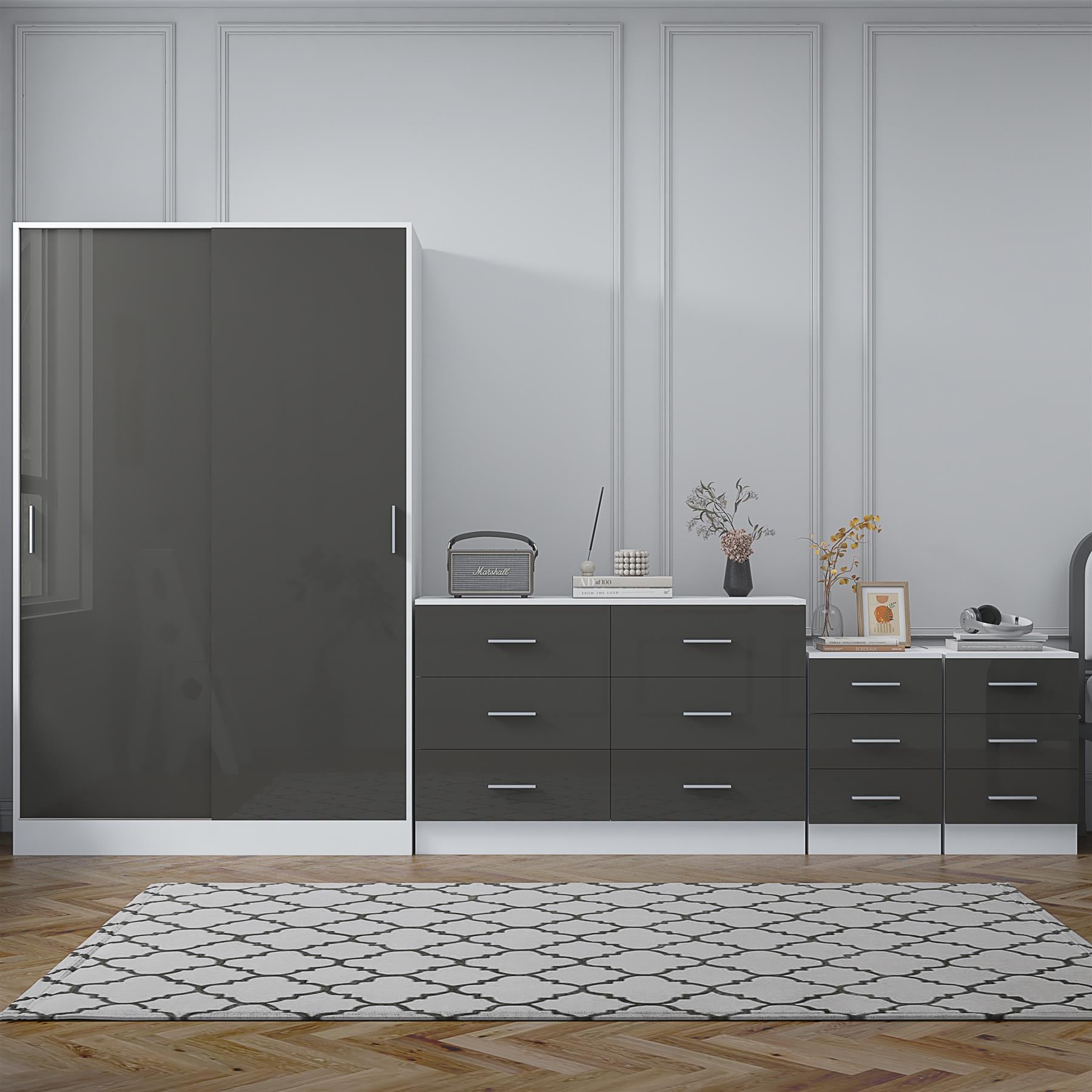 Reflect 2 Door Sliding Wardrobe, 6 Drawer Wide Chest, 2x3 Drawer Bedsides - Grey Gloss & Matt White - Modern Bedroom Furniture Set
