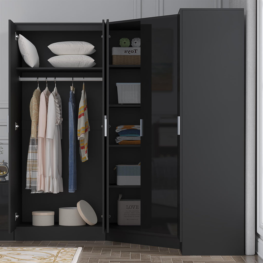 Reflect 3pc Wardrobe Bundle - 2 Door Corner + 2 Door Plain + 1 Door Plain - Black Gloss & Black Oak