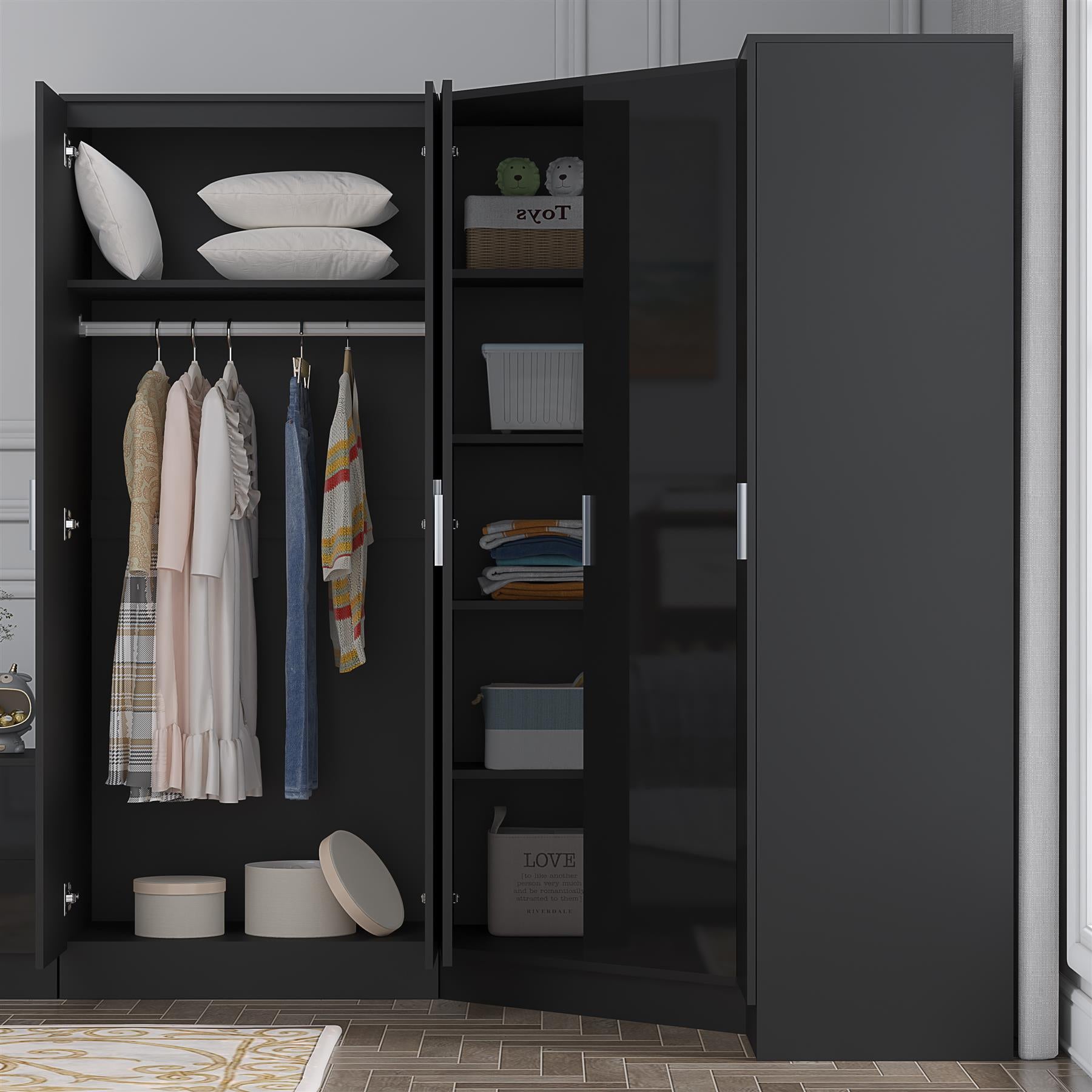 Reflect 3pc Wardrobe Bundle - 2 Door Corner + 2 Door Plain + 1 Door Plain - Black Gloss & Black Oak
