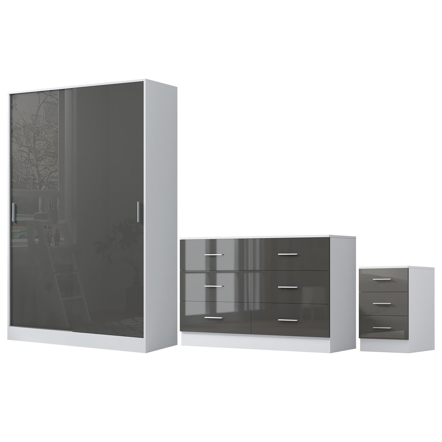 Reflect 2 Door Sliding Wardrobe, 6 Drawer Wide Chest, 3 Drawer Bedside - Grey Gloss & Matt White - Modern Bedroom Furniture Set