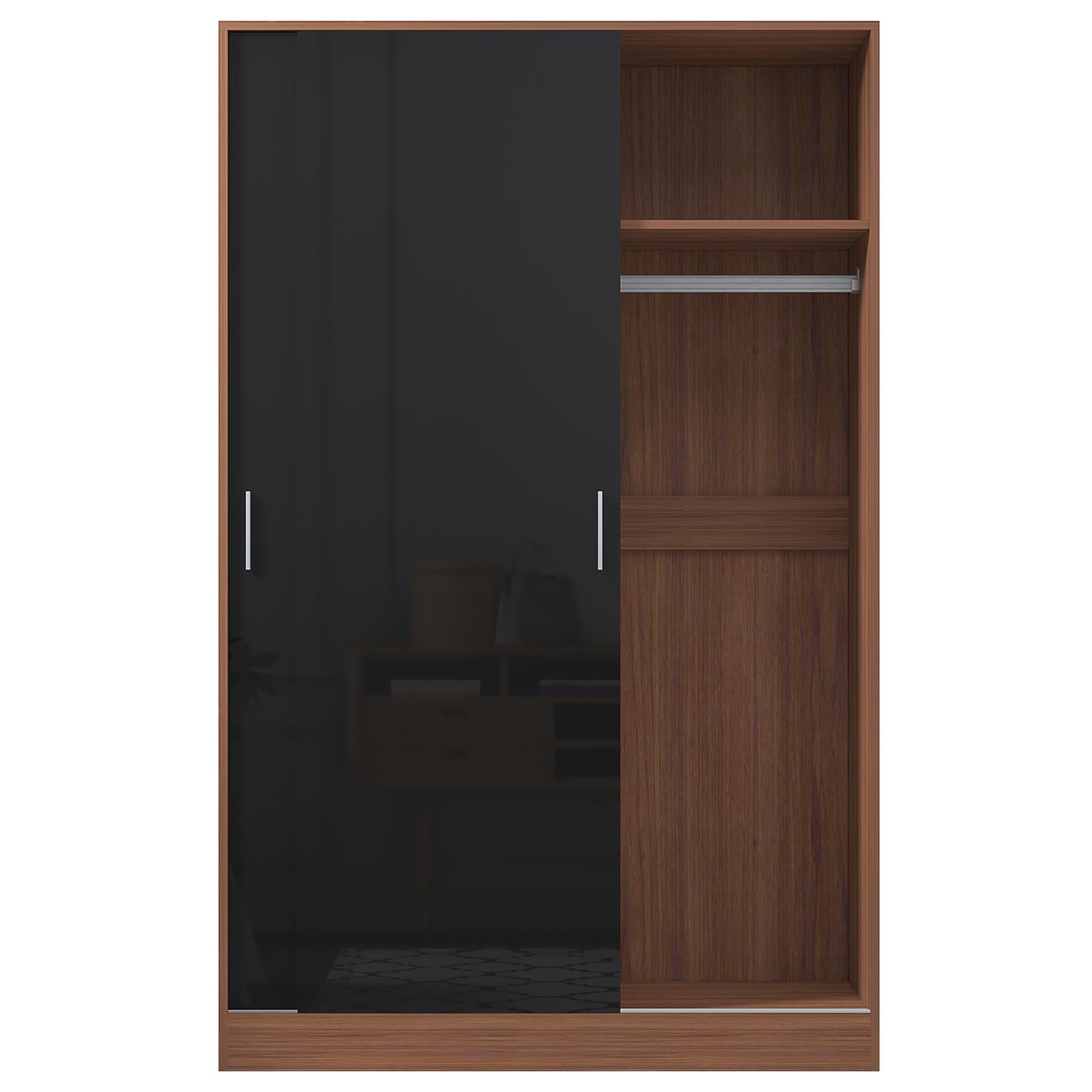 Reflect 2 Door Sliding Wardrobe - Black Gloss & Walnut - Hanging Rails & Shelves - Modern Design