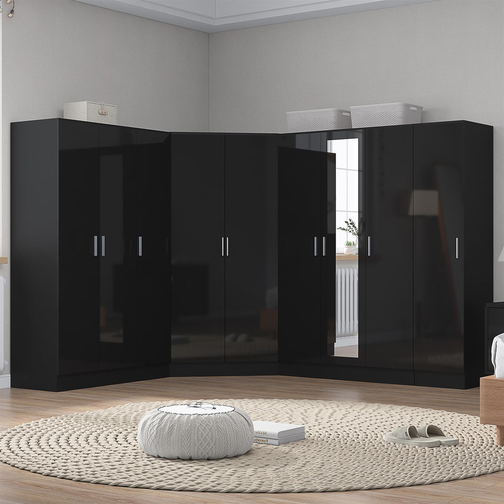 Reflect 4pc Wardrobe Bundle - 2 Door Corner + 3 Door Mirror + 3 Door Plain + 1 Door Plain - Black Gloss & Black Oak