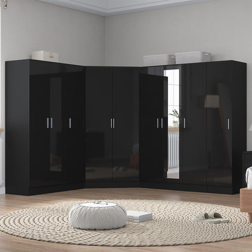 Reflect 4pc Wardrobe Bundle - 2 Door Corner + 3 Door Mirror + 3 Door Plain + 1 Door Plain - Black Gloss & Black Oak