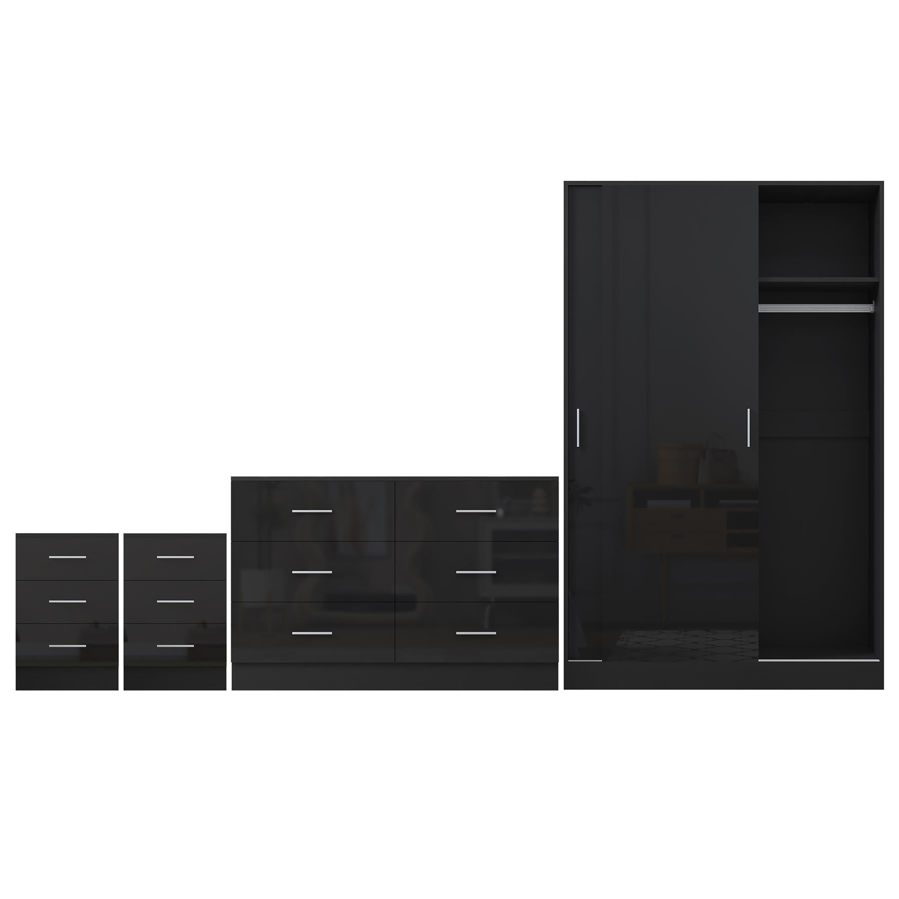 Reflect 2 Door Sliding Wardrobe, 6 Drawer Wide Chest, 2x3 Drawer Bedsides - Black Gloss & Black Oak - Modern Bedroom Furniture Set