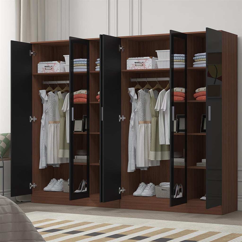 Reflect 2pc Wardrobe Bundle - 3 Door Mirror + 3 Door Mirror - Black Gloss & Walnut