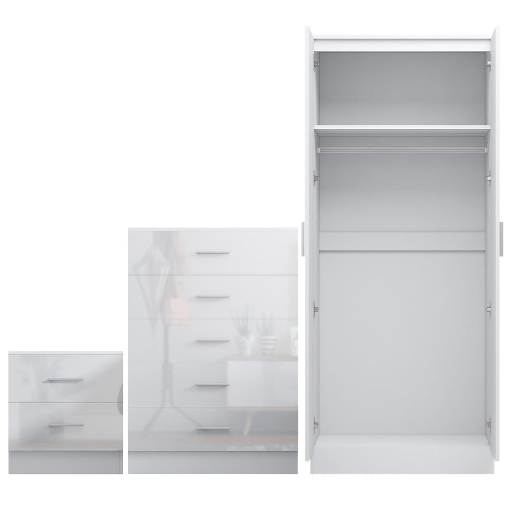 Reflect 2 Door Mirror Wardrobe, 5 Drawer Chest, 2 Drawer Bedside - White Gloss & Matt White - Modern Bedroom Furniture Set