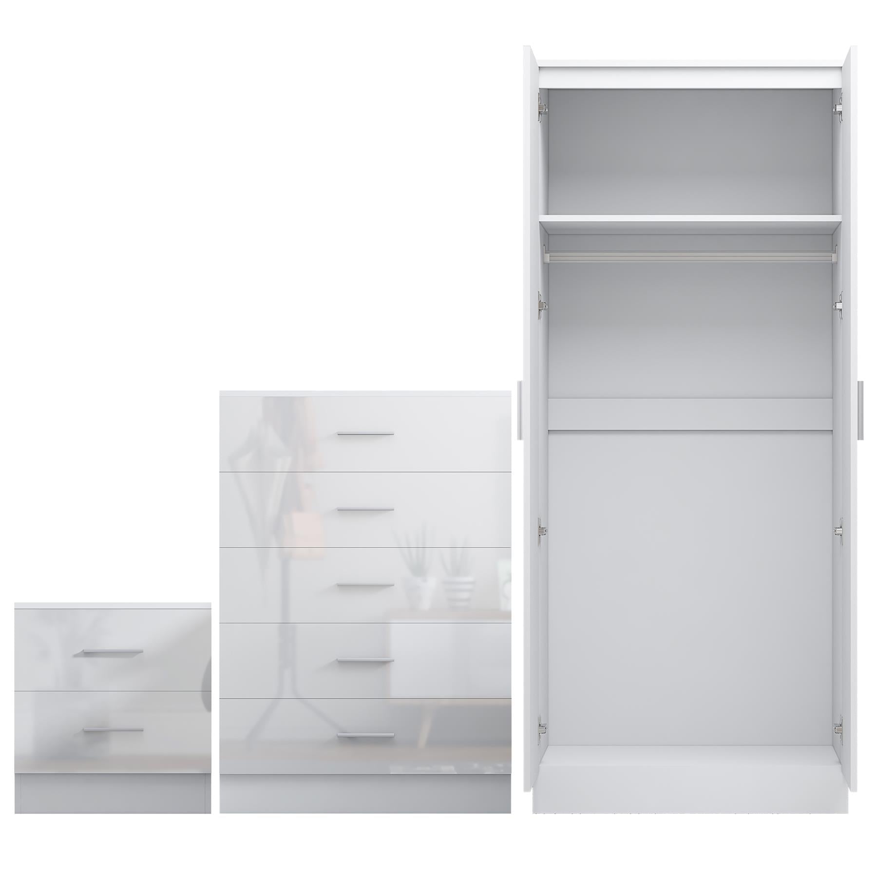 Reflect 2 Door Mirror Wardrobe, 5 Drawer Chest, 2 Drawer Bedside - White Gloss & Matt White - Modern Bedroom Furniture Set