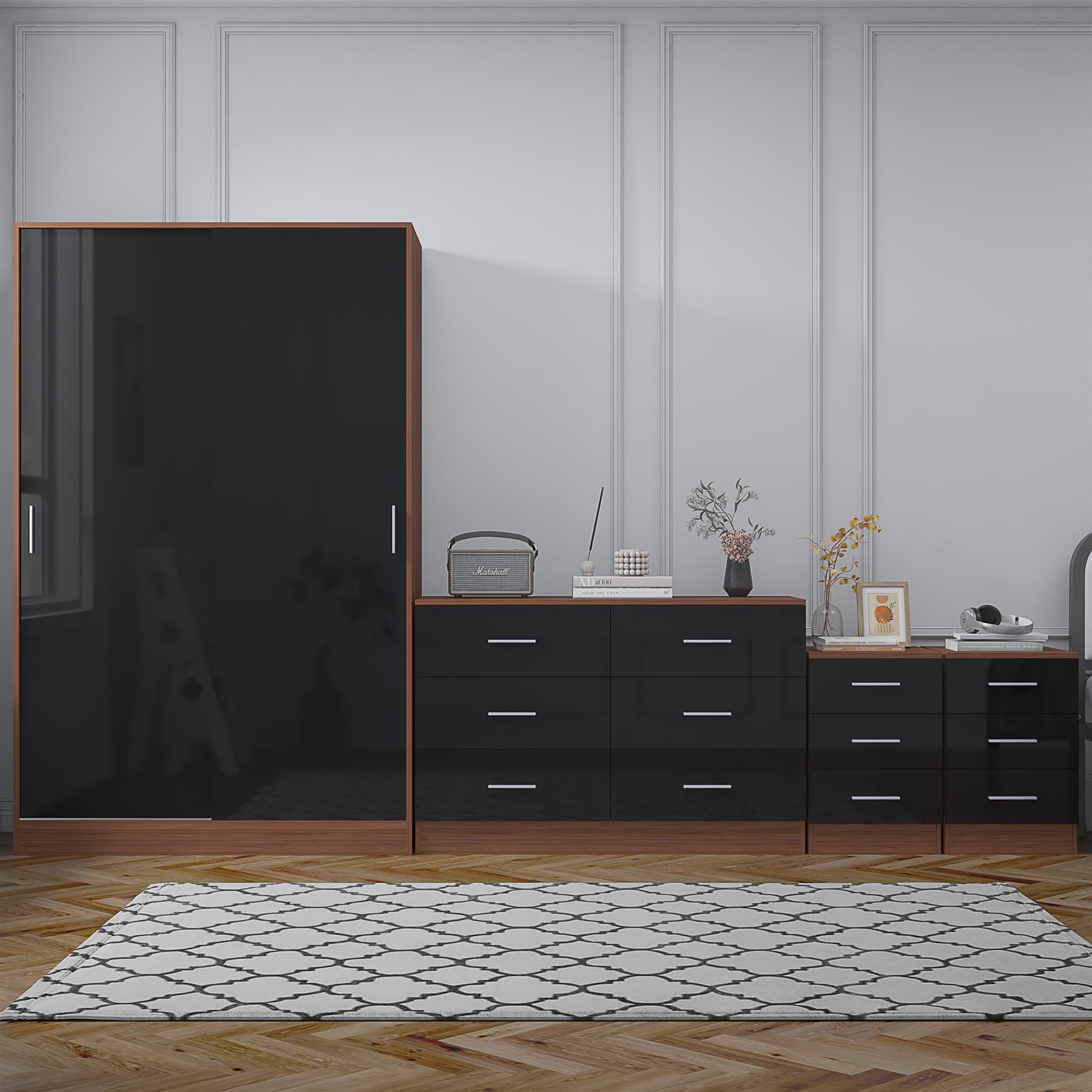 Reflect 2 Door Sliding Wardrobe, 6 Drawer Wide Chest, 2x 3 Drawer Bedsides - Black Gloss & Walnut - Modern Bedroom Furniture Set