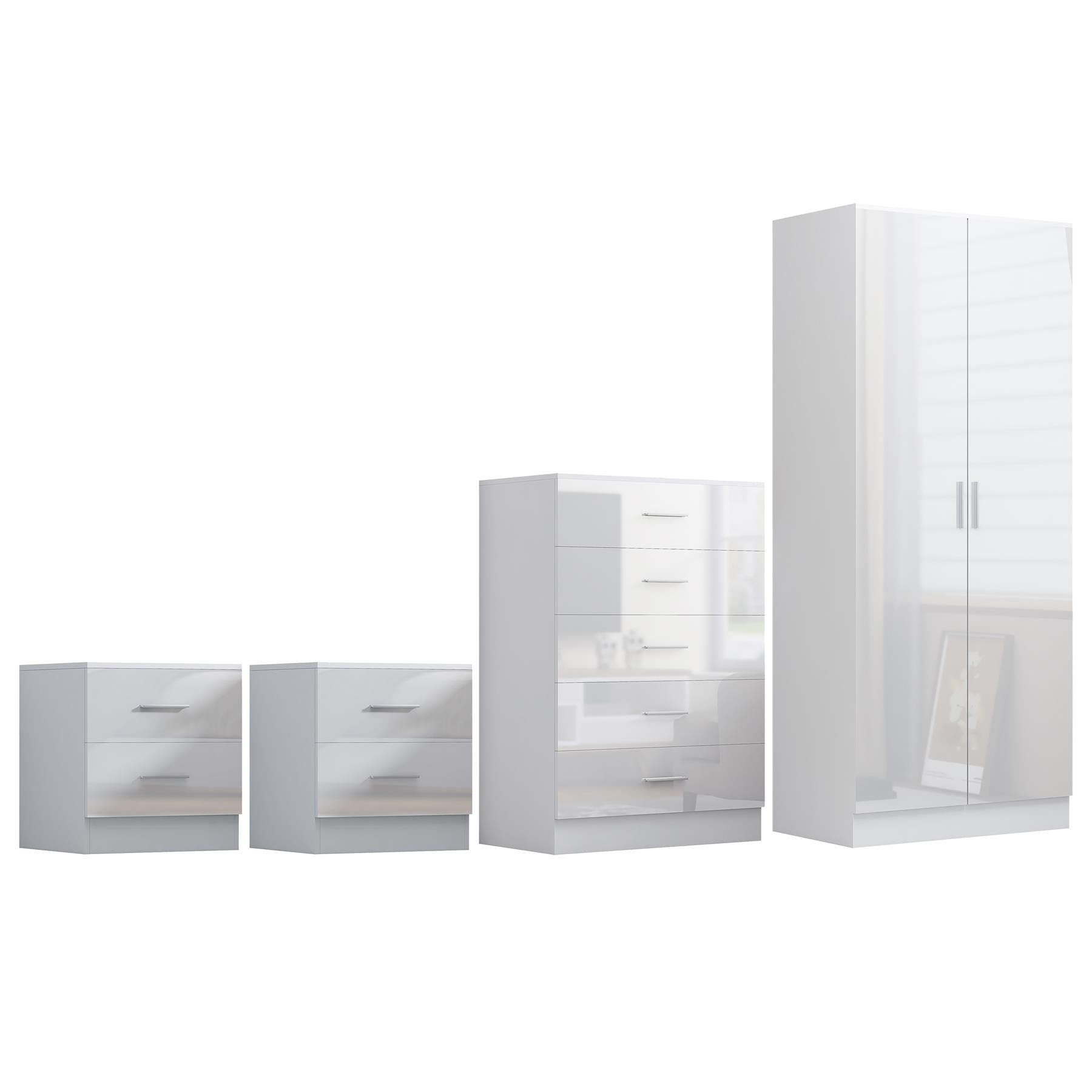 Reflect 2 Door Plain Wardrobe, 5 Drawer Chest, 2x 2 Drawer Bedsides - White Gloss & Matt White - Modern Bedroom Furniture Set