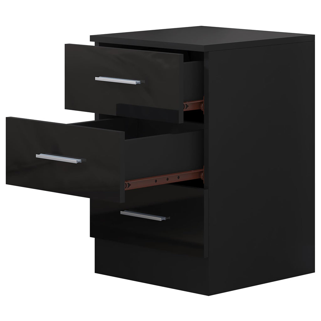 Reflect 3 Drawer Bedside - Black Gloss & Black Oak - Modern Nightstand for Bedroom Storage - H: 59.5cm x W: 39.5cm x D: 38cm