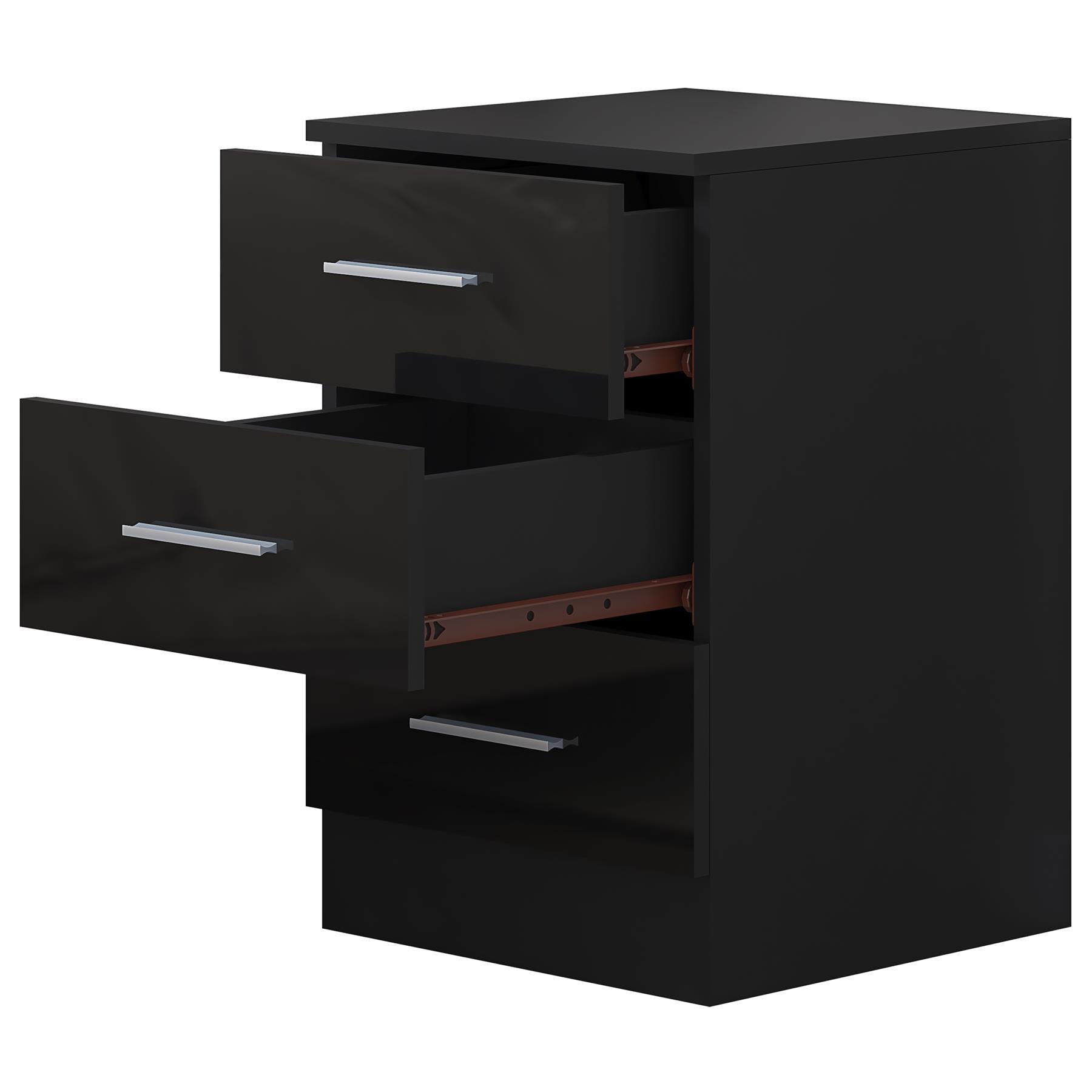 Reflect 3 Drawer Bedside - Black Gloss & Black Oak - Modern Nightstand for Bedroom Storage - H: 59.5cm x W: 39.5cm x D: 38cm