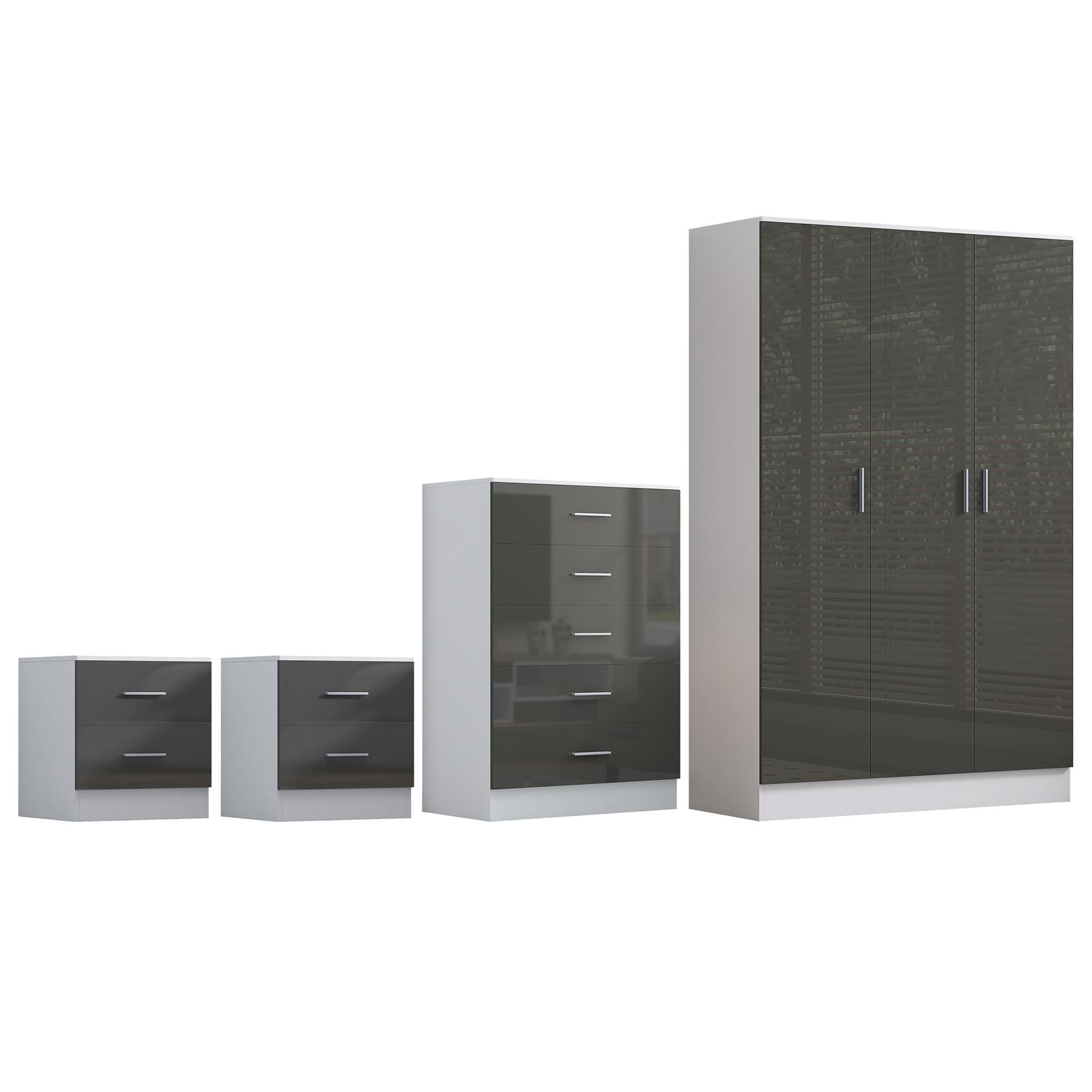 REFLECT Gloss 4pc Bedroom Set - 3 Door Wardrobe + 5 Draw Chest + 2 Bedsides