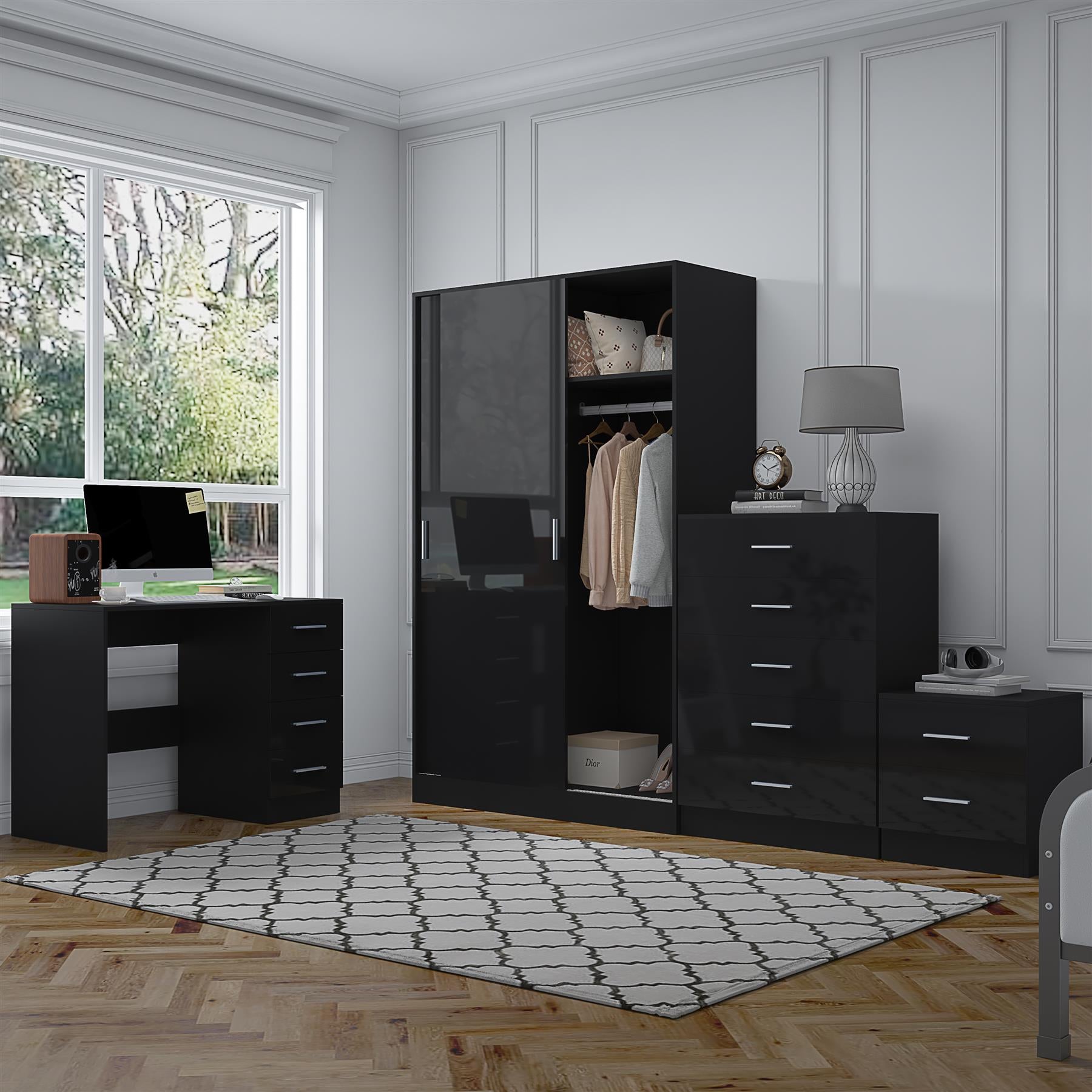 Reflect 2 Door Sliding Wardrobe, 5 Drawer Chest, 2 Drawer Bedside & Desk - Black Gloss & Black Oak - Modern Bedroom Furniture Set