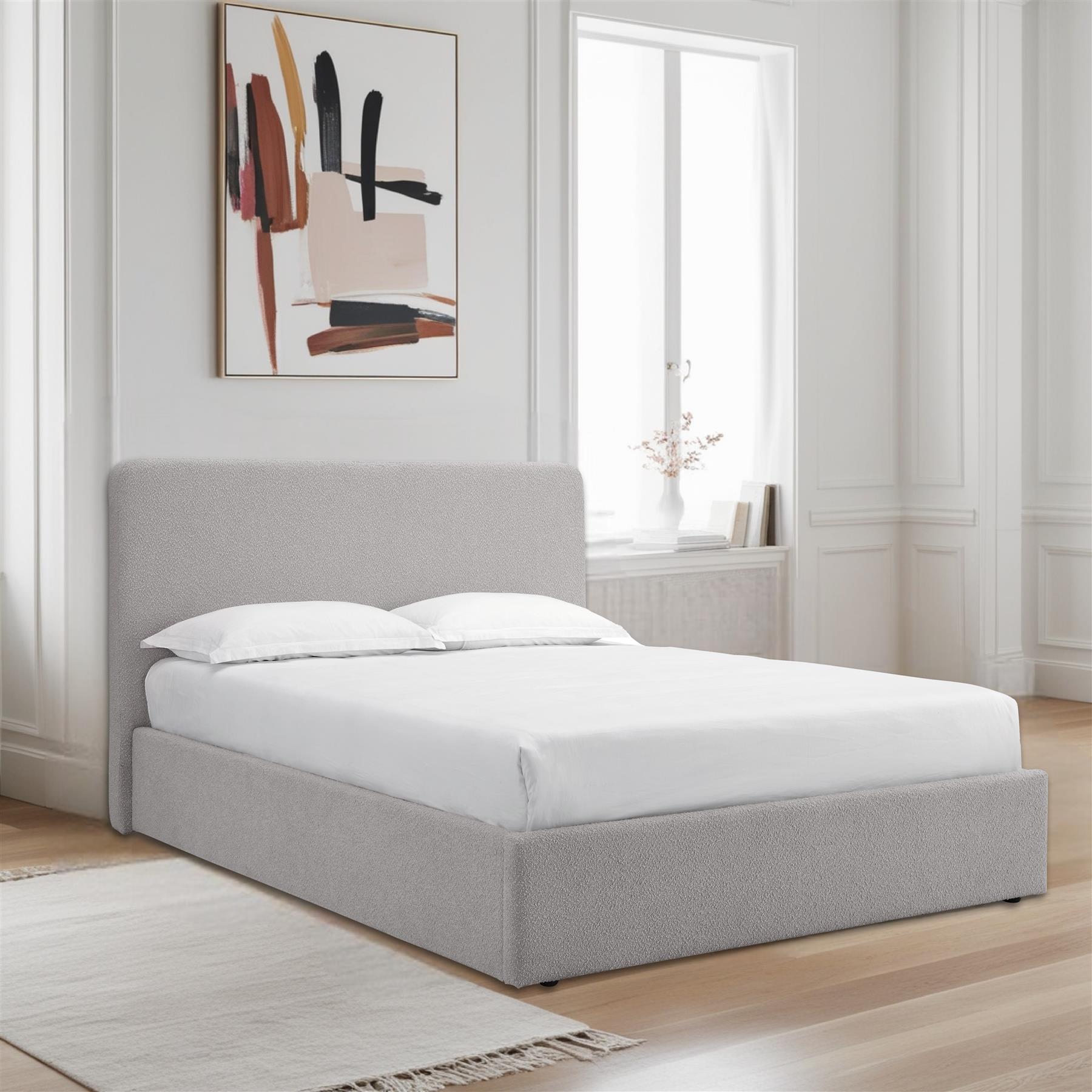 TEDDY BOUCLE 4FT6 Double Grey Ottoman Storage Bed Gas Lift Up - (L) 210cm x (W) 155cm (H) 113cm with 15cm Memory Foam Mattress