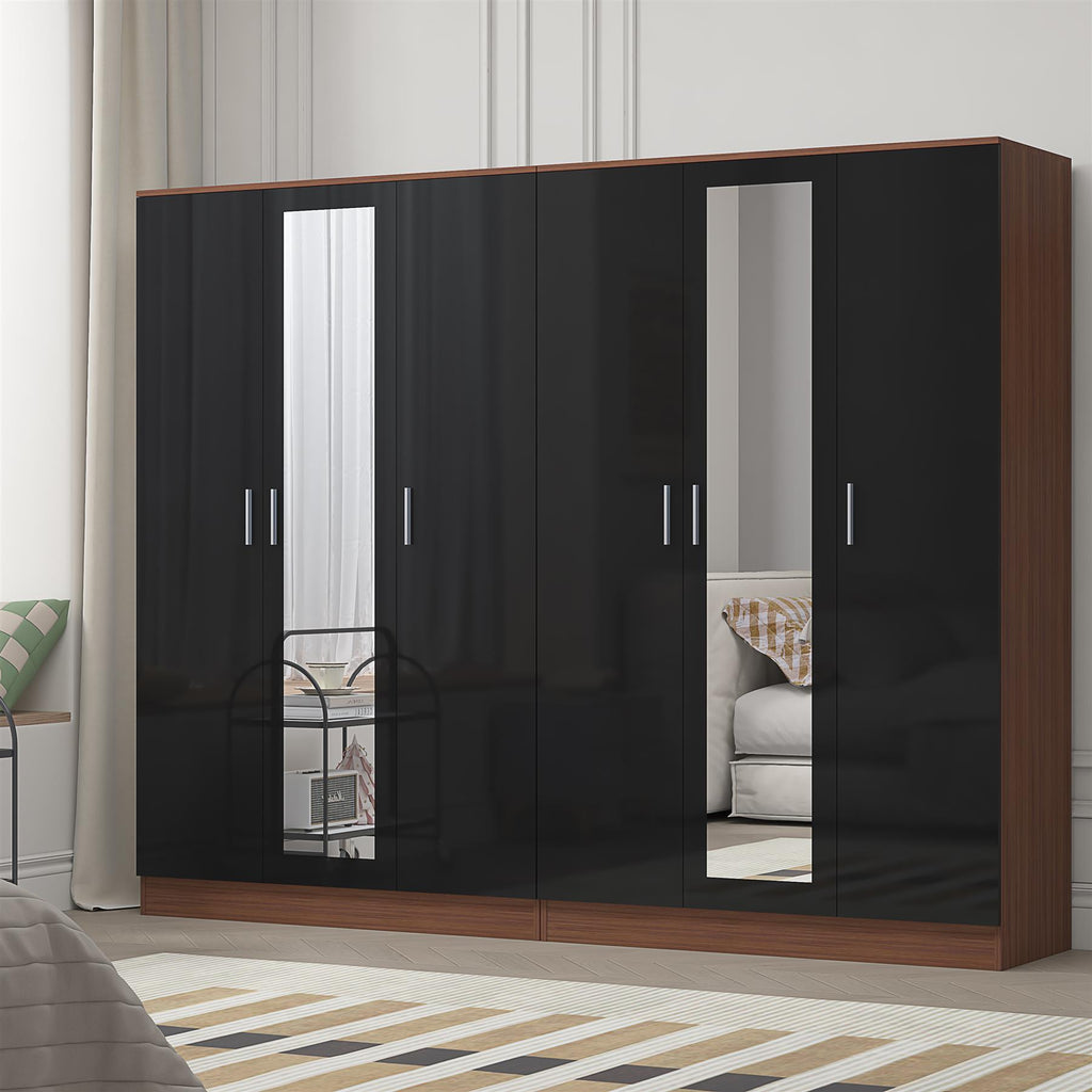 Reflect 2pc Wardrobe Bundle - 3 Door Mirror + 3 Door Mirror - Black Gloss & Walnut
