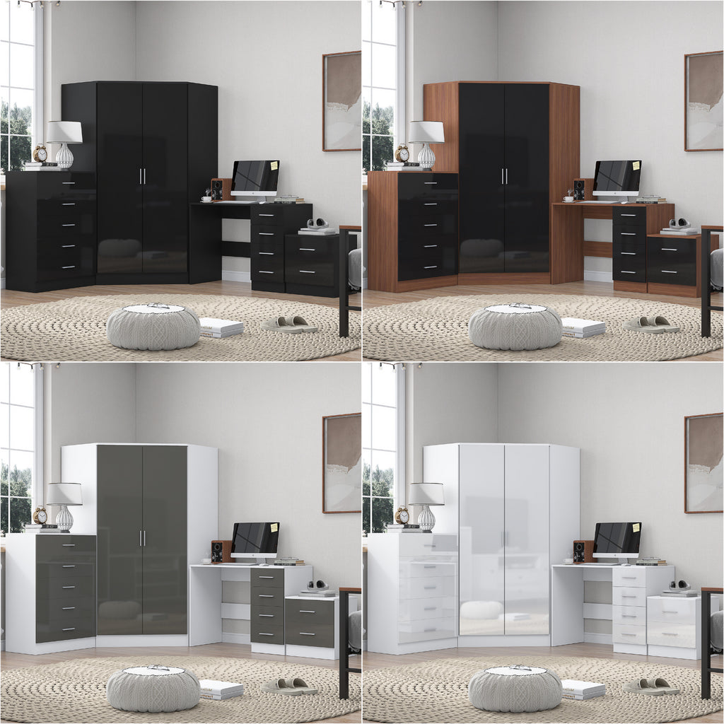 REFLECT Gloss 4pc Set - 2 Door Corner Wardrobe + 5 Draw Chest + Bedside + Desk