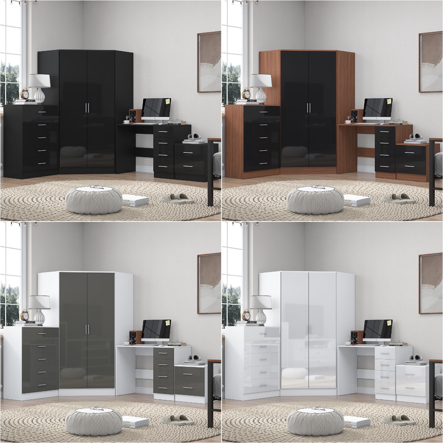 REFLECT Gloss 4pc Set - 2 Door Corner Wardrobe + 5 Draw Chest + Bedside + Desk