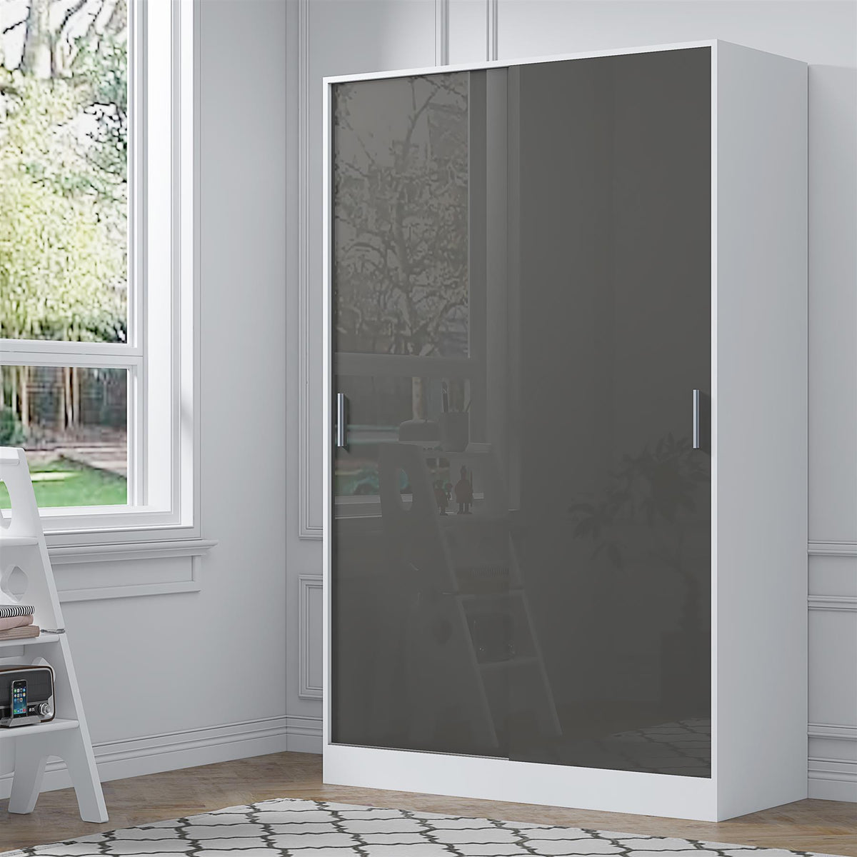 Reflect 2 Door Sliding Wardrobe - Grey Gloss & Matt White - Hanging Rails & Shelves - Modern Design