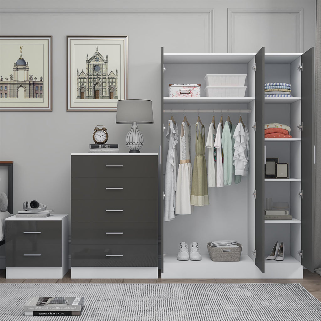 REFLECT Gloss 3pc Set - 3 Door Mirrored Wardrobe + 5 Draw Chest + Bedside