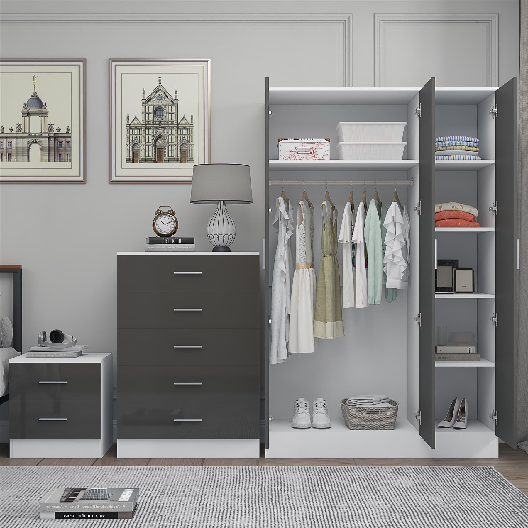 REFLECT Gloss 3pc Set - 3 Door Mirrored Wardrobe + 5 Draw Chest + Bedside