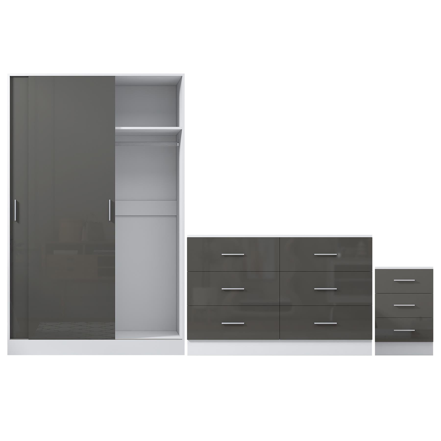 REFLECT Gloss 3pc Set - 2 Door Sliding Wardrobe + Wide Chest + Tall Bedside
