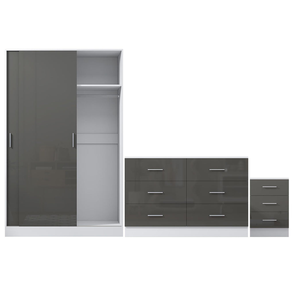Reflect 2 Door Sliding Wardrobe, 6 Drawer Wide Chest, 3 Drawer Bedside - Grey Gloss & Matt White - Modern Bedroom Furniture Set