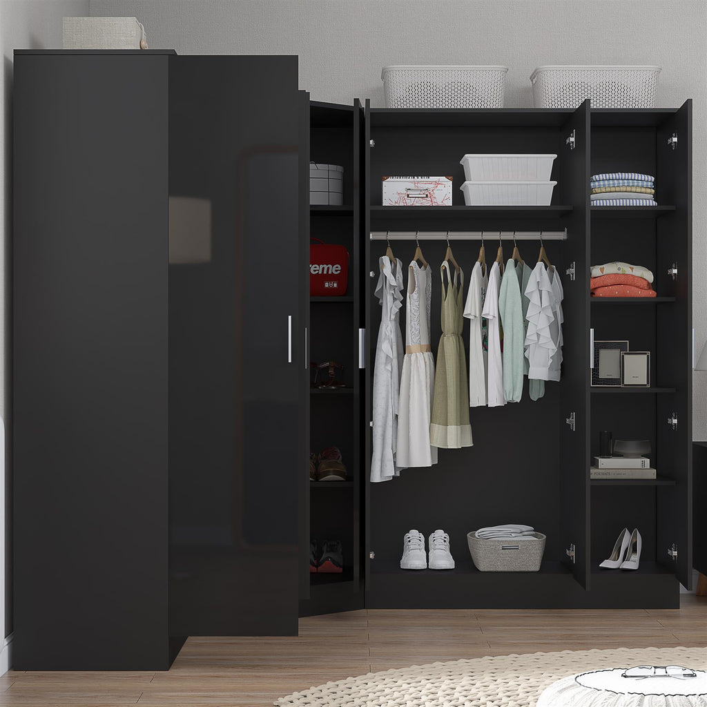 Reflect 3pc Wardrobe Bundle - 2 Door Corner + 3 Door Mirror + 2 Door Plain - Black Gloss & Black Oak