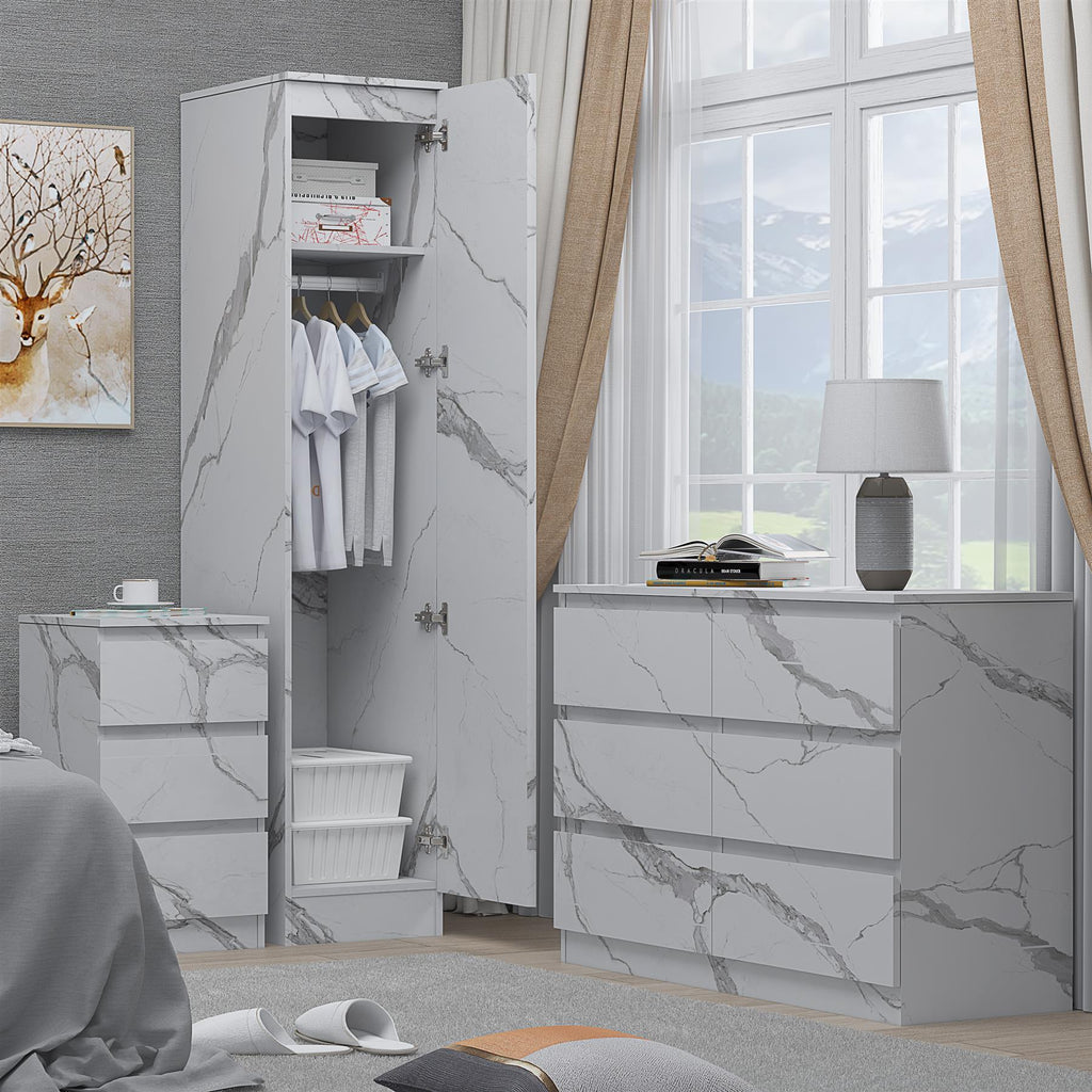 ZITA 3pc Set - 1 Door Wardrobe + Wide Chest + Bedside in White OR Grey Marble