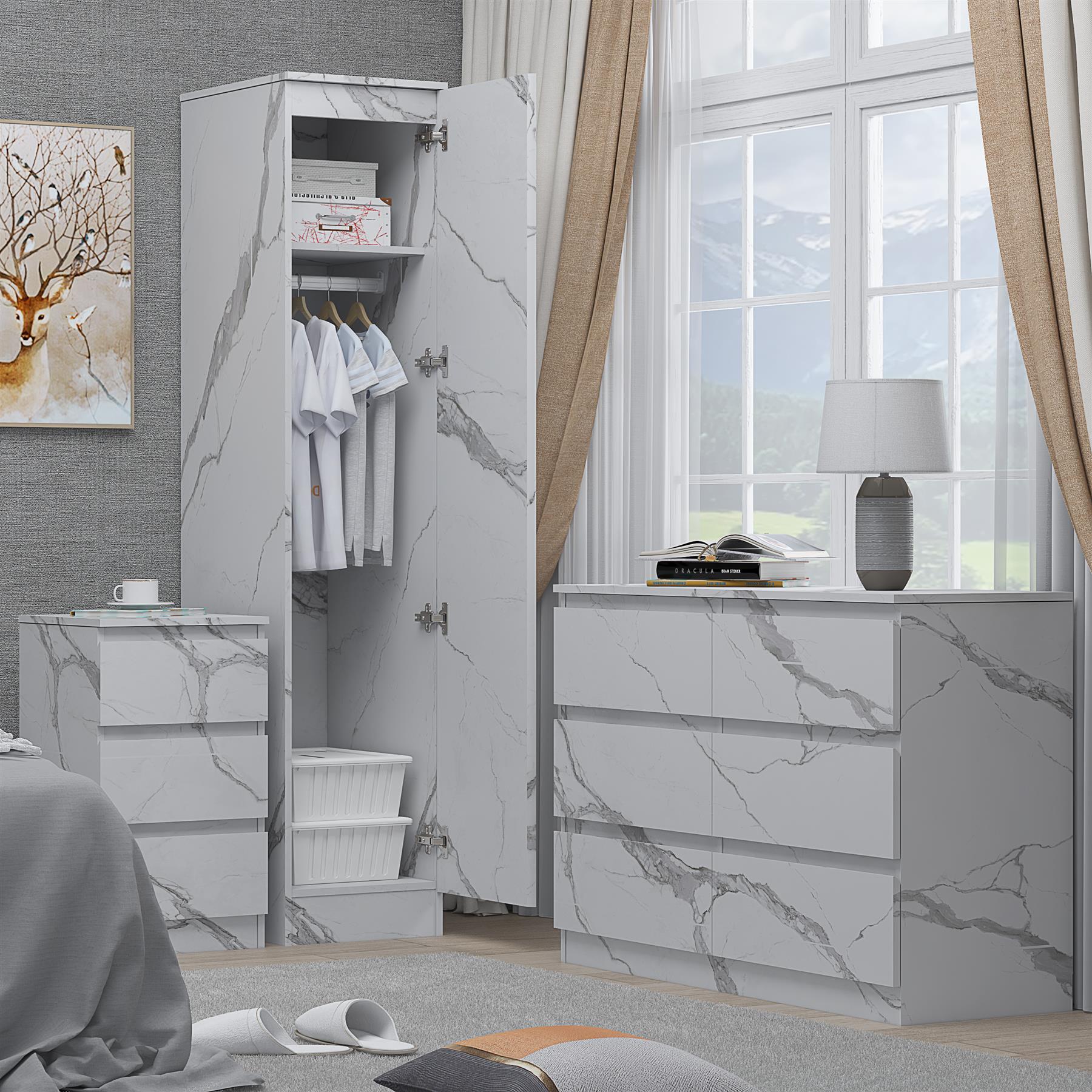 ZITA 3pc Set - 1 Door Wardrobe + Wide Chest + Bedside in White OR Grey Marble