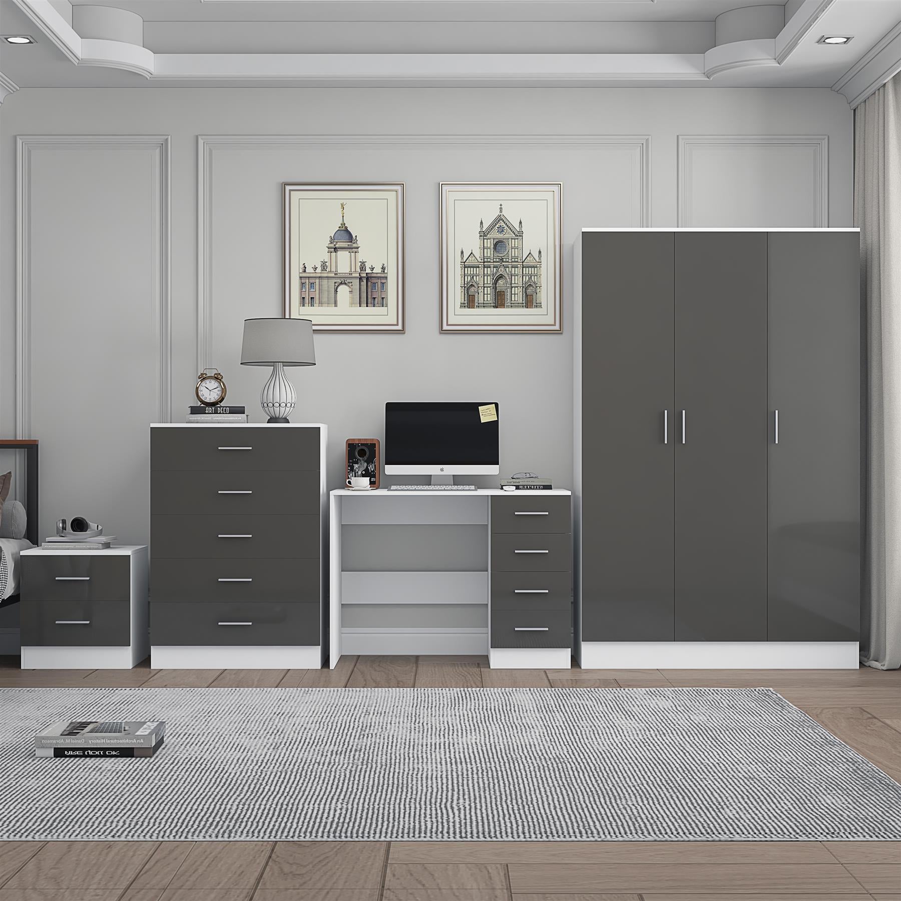Reflect 3 Door Plain Wardrobe, 5 Drawer Chest, 2 Drawer Bedside & Desk - Grey Gloss & Matt White - Modern Bedroom Furniture Set