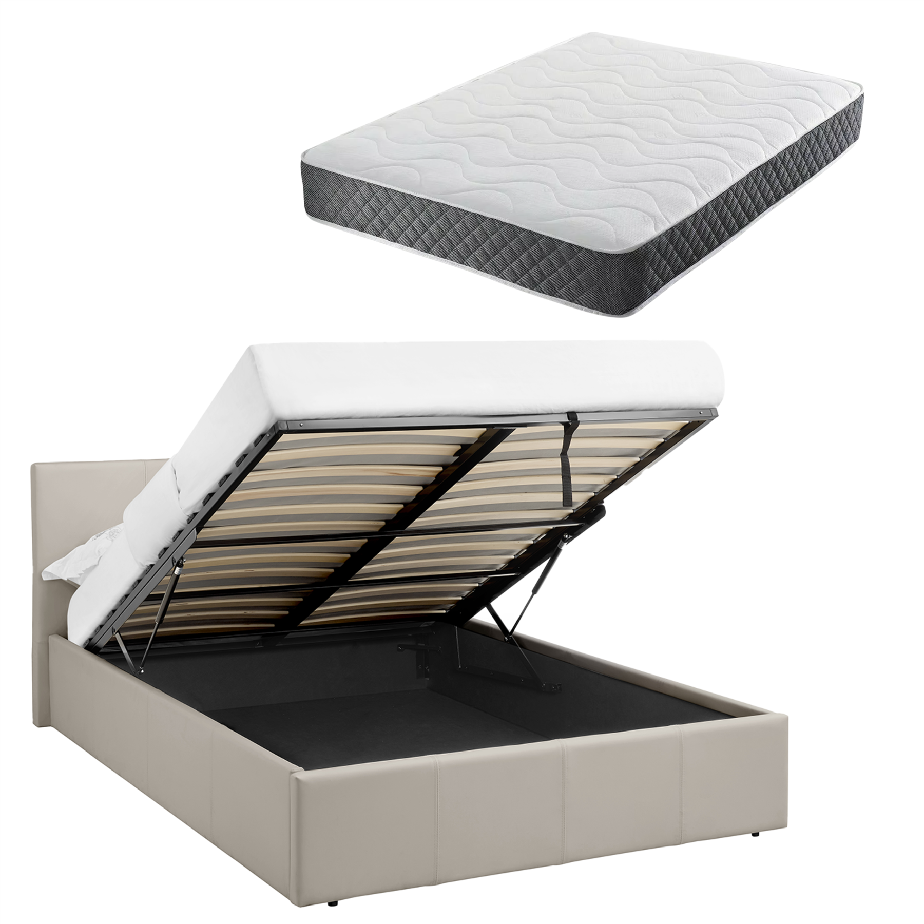 LUNA 5FT King Cream Beige Ottoman Storage Bed with Gas Lift Up & Memory Foam & Spring Mattress