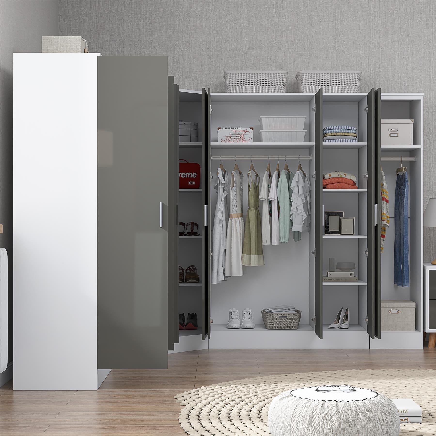 Reflect 4pc Wardrobe Bundle - 2 Door Corner + 3 Door Mirror + 3 Door Plain + 1 Door Plain - Grey Gloss & Matt White
