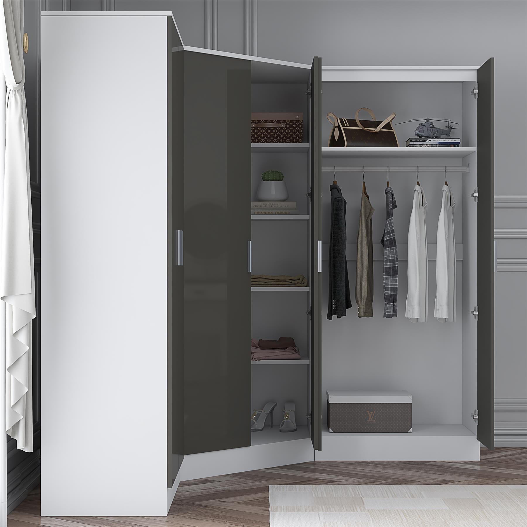 Reflect 3pc Wardrobe Bundle - 2 Door Corner + 2x 2 Door Plain - Grey Gloss & Matt White