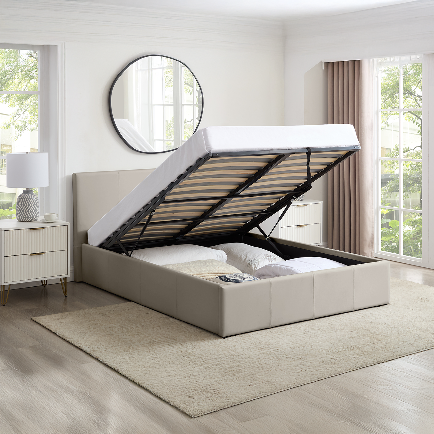 LUNA 5FT King Cream Beige Ottoman Storage Bed Gas Lift & 17cm Thick Spring Mattress