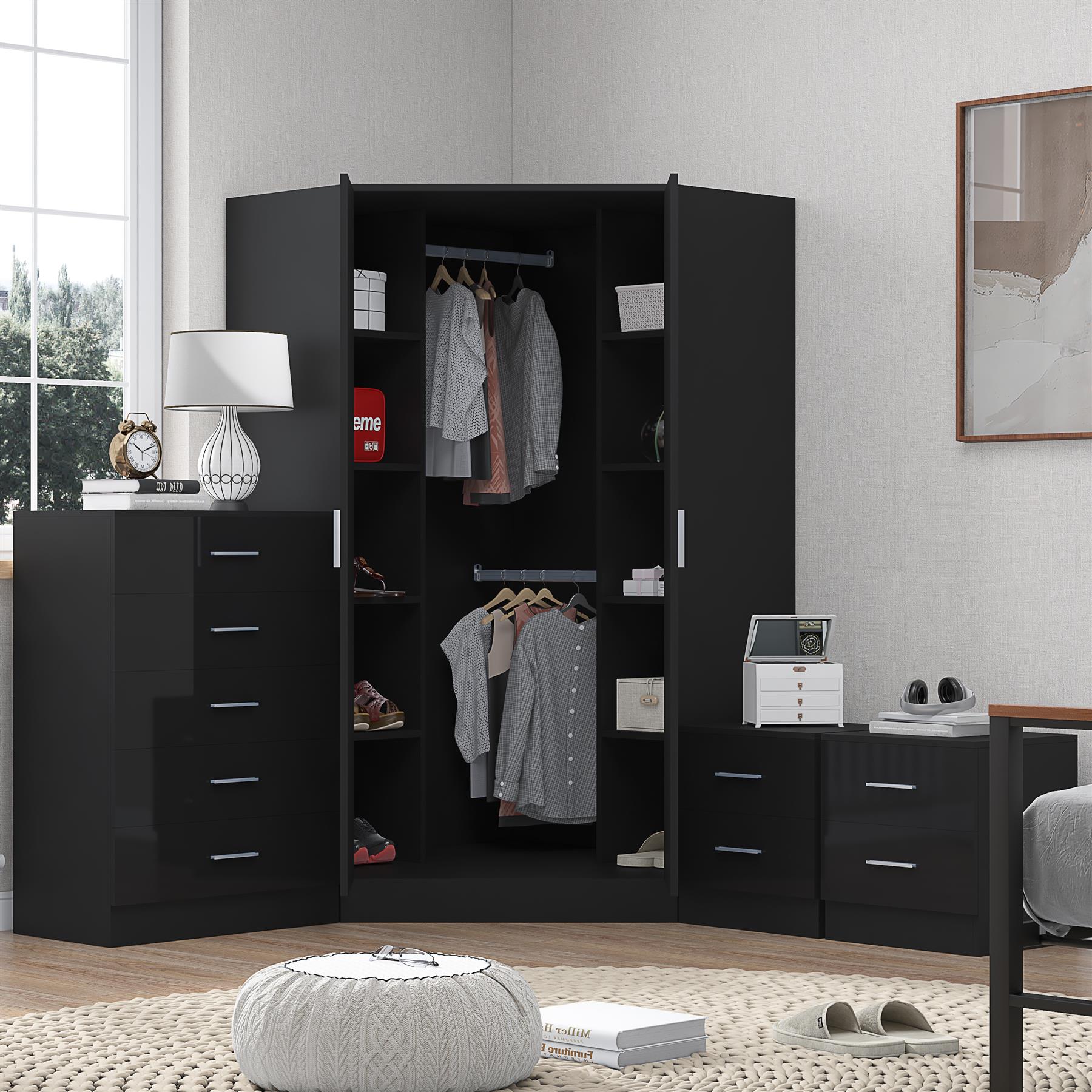 REFLECT Gloss 4pc Set - 2 Door Corner Wardrobe + 5 Draw Chest + 2 Bedsides