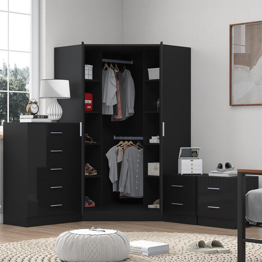 Reflect 2 Door Corner Wardrobe, 5 Drawer Chest, 2x 2 Drawer Bedsides - Black Gloss & Black Oak - Bedroom Furniture Set