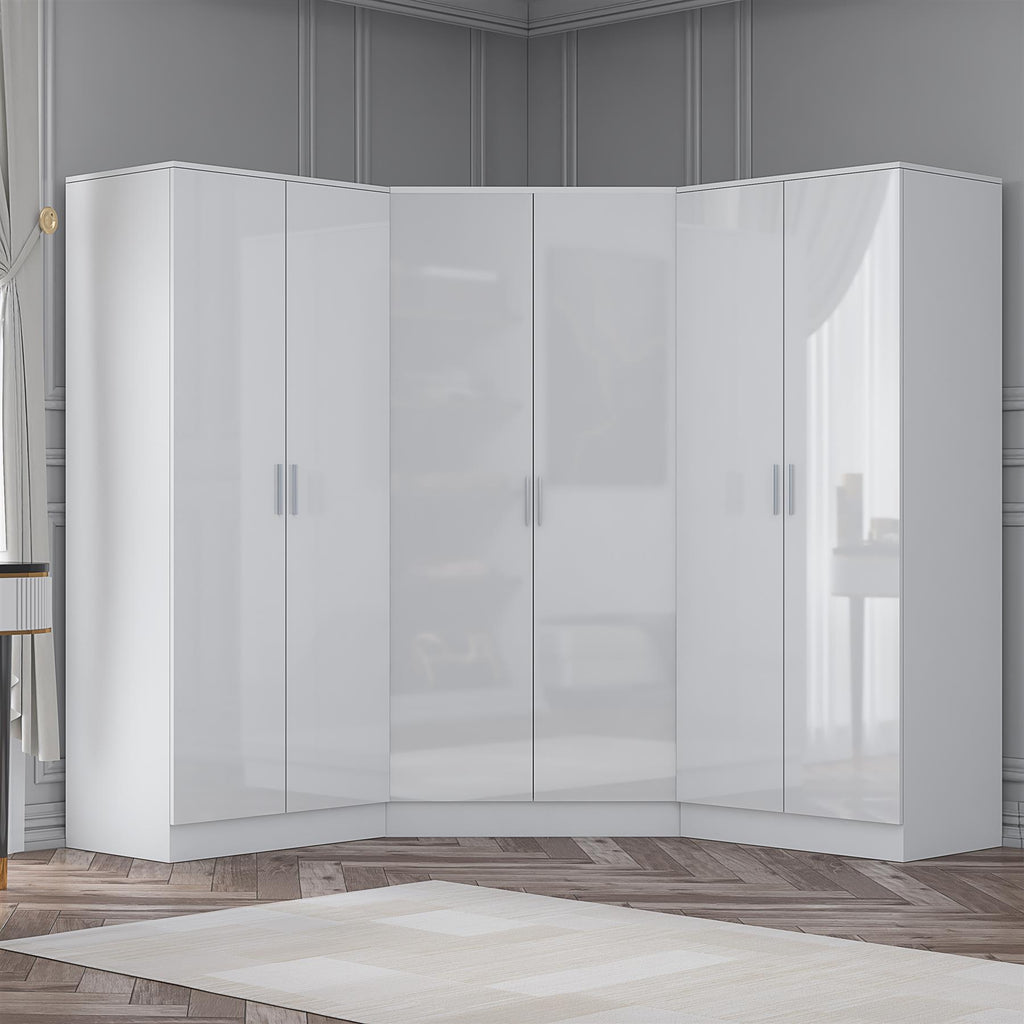 Reflect 3pc Wardrobe Bundle - 2 Door Corner + 2x 2 Door Plain - White Gloss & Matt White