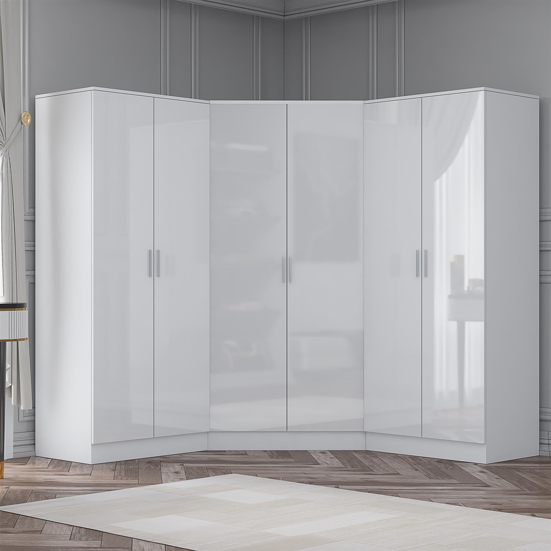 Reflect 3pc Wardrobe Bundle - 2 Door Corner + 2x 2 Door Plain - White Gloss & Matt White