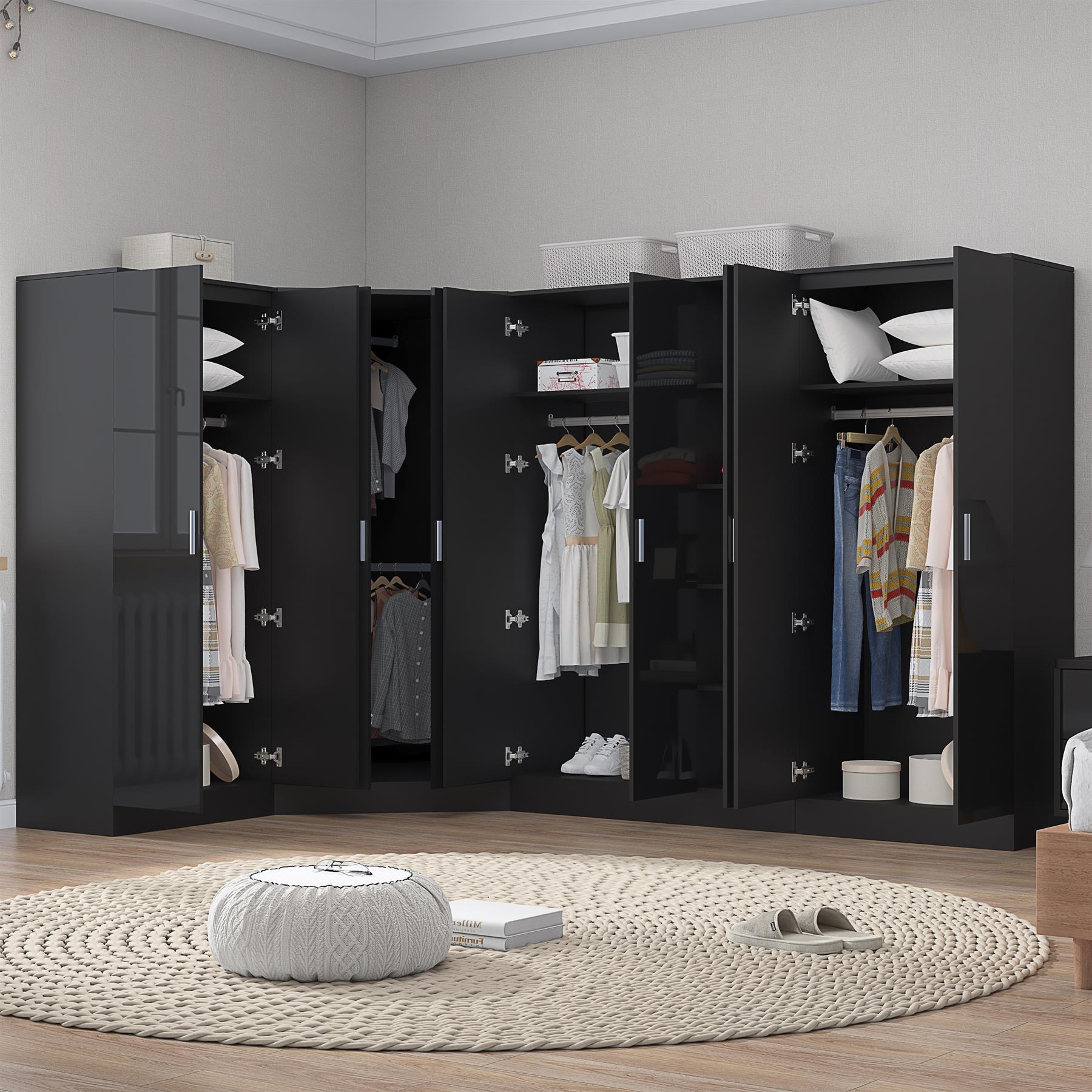 Reflect 4pc Wardrobe Bundle - 2 Door Corner + 3 Door Plain + 2x 2 Door Plain - Black Gloss & Black Oak