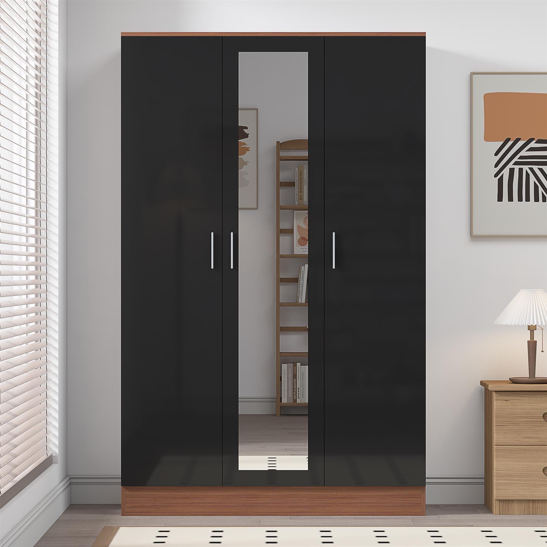 Reflect 3 Door Mirror Wardrobe - Black Gloss & Walnut - Hanging Rail & 4 Shelves- H: 180cm x W: 113cm x D: 47cm - Modern Design
