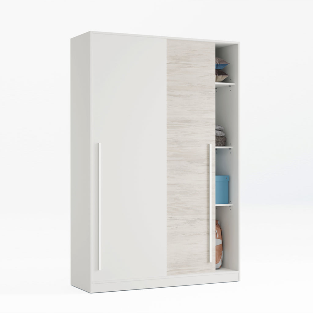 TOP 2 Door Large Modern Sliding Bedroom Wardrobe - White & Light Oak Finish - H: 200cm x W: 120cm x D: 50cm.