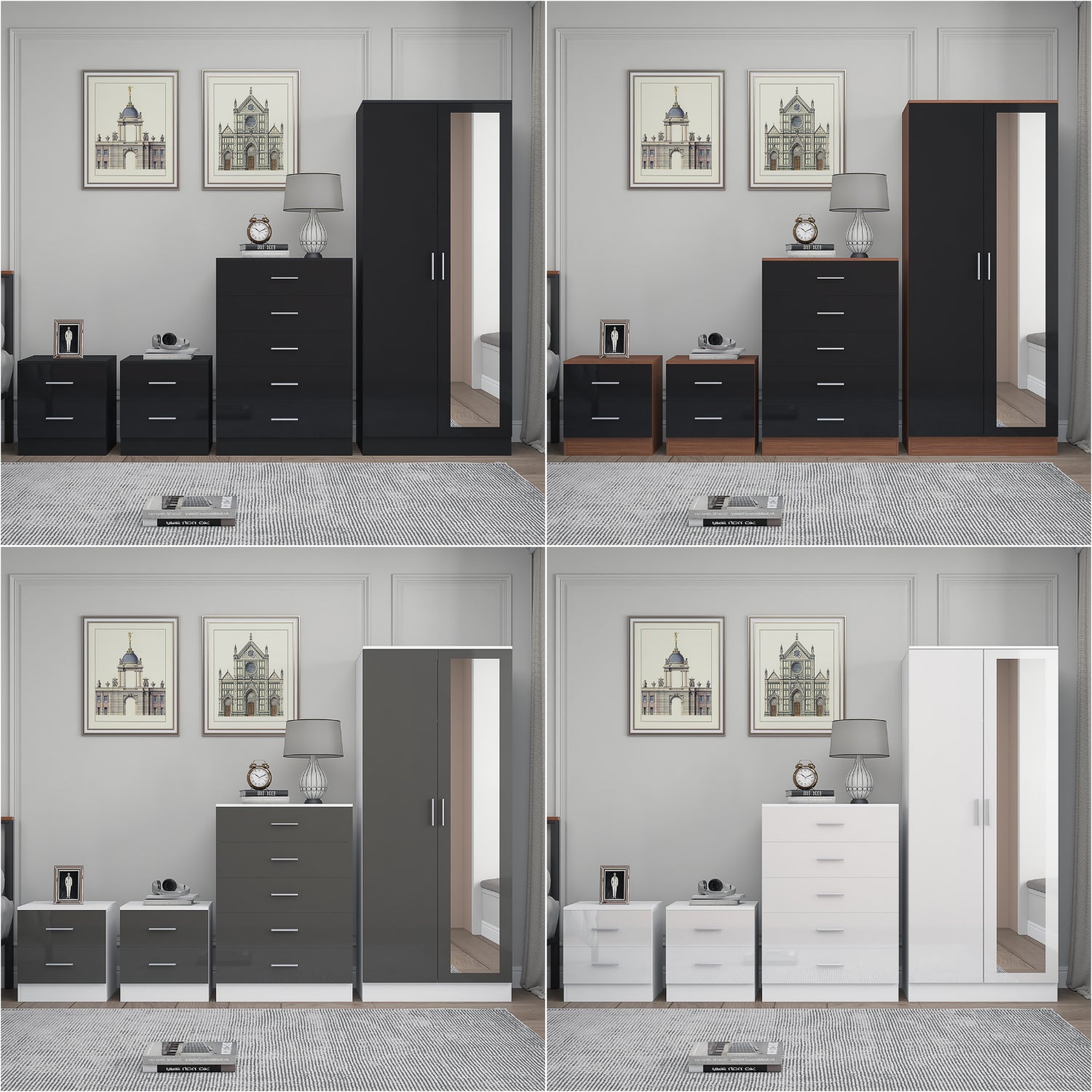 REFLECT Gloss 4pc Set - 2 Door Mirrored Wardrobe + 5 Draw Chest + 2 Bedsides