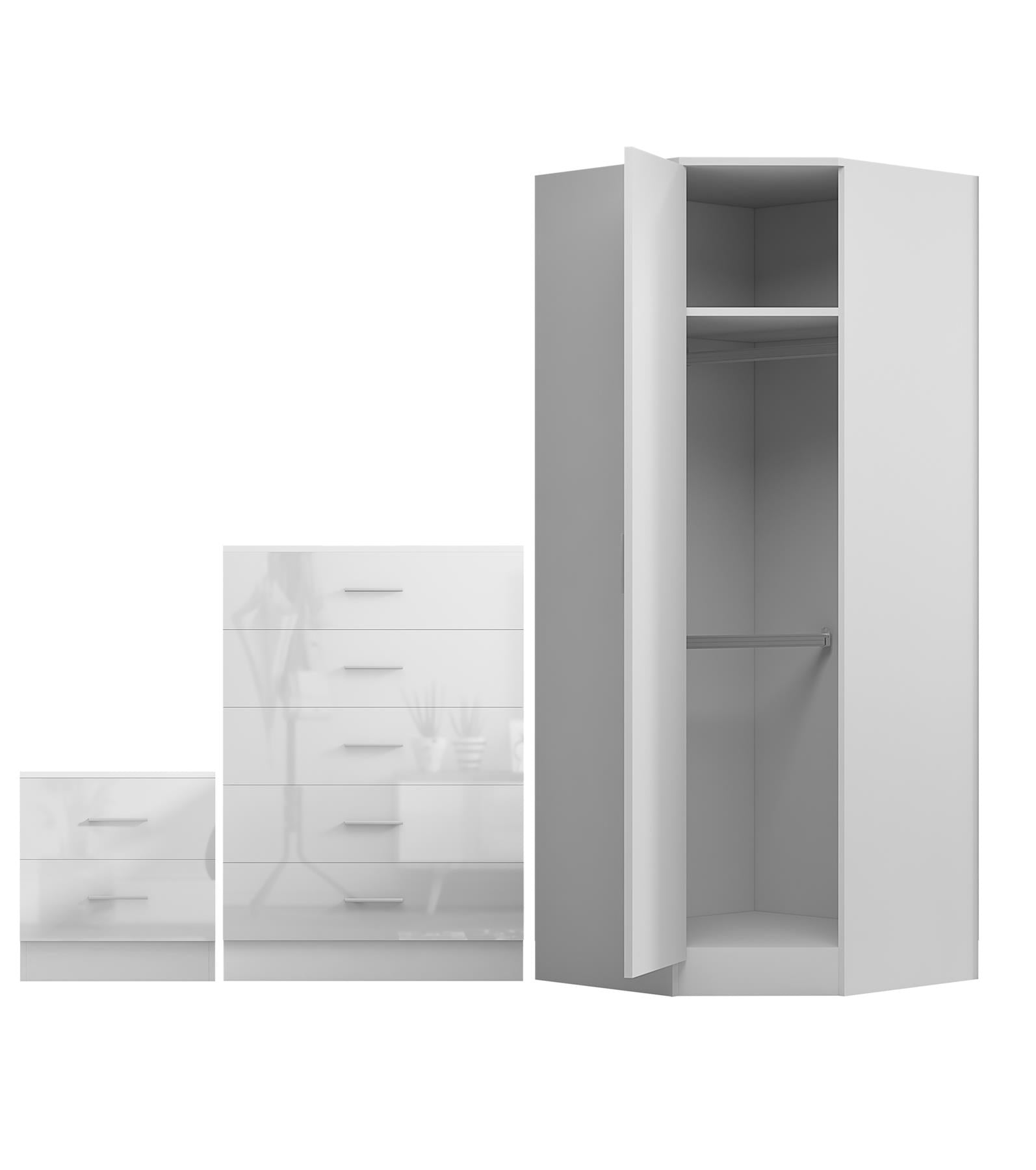 REFLECT 1dr Corner Bedroom Furniture Bundles Chest, Bedsides, Desks - 4 Colours