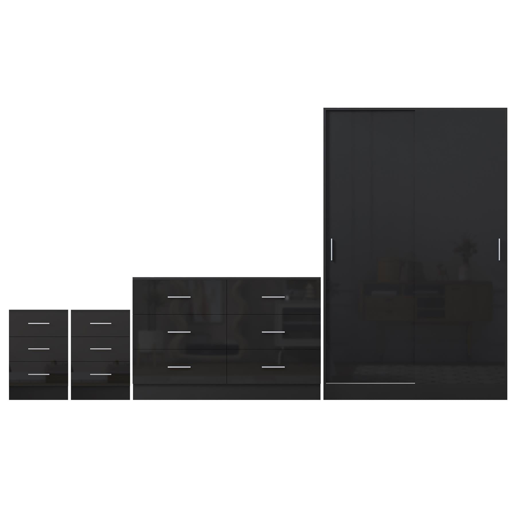 Reflect 2 Door Sliding Wardrobe, 6 Drawer Wide Chest, 2x3 Drawer Bedsides - Black Gloss & Black Oak - Modern Bedroom Furniture Set