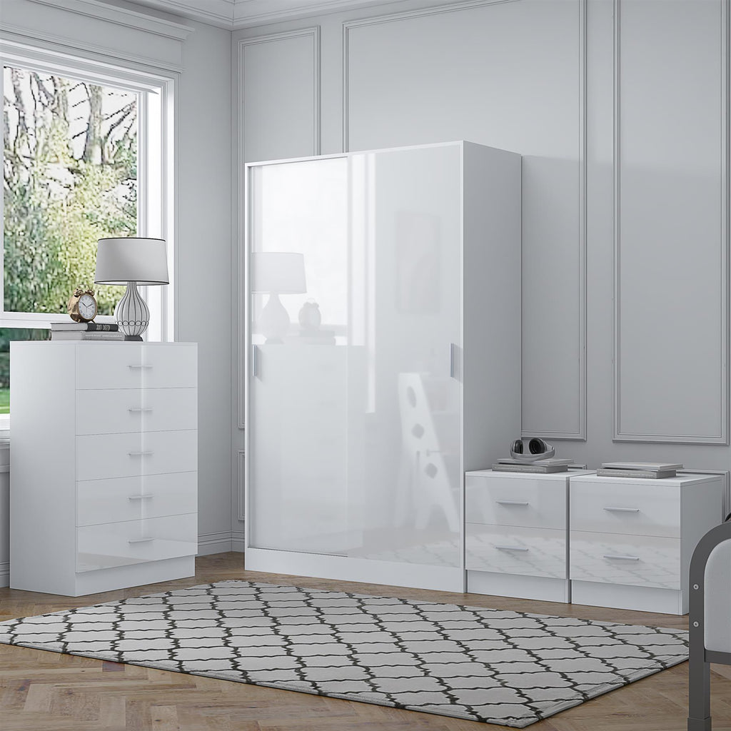 REFLECT Gloss 4pc Set - 2 Door Sliding Wardrobe + 5 Draw Chest + 2 Bedsides